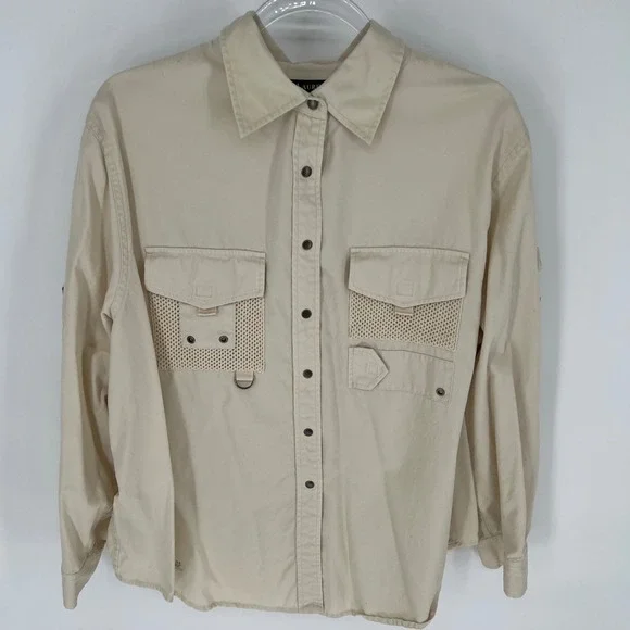 LAUREN Ralph Lauren Utility Shirt Women 2X Tan Cotton Twill Mesh Safari Pockets - Picture 1 of 15